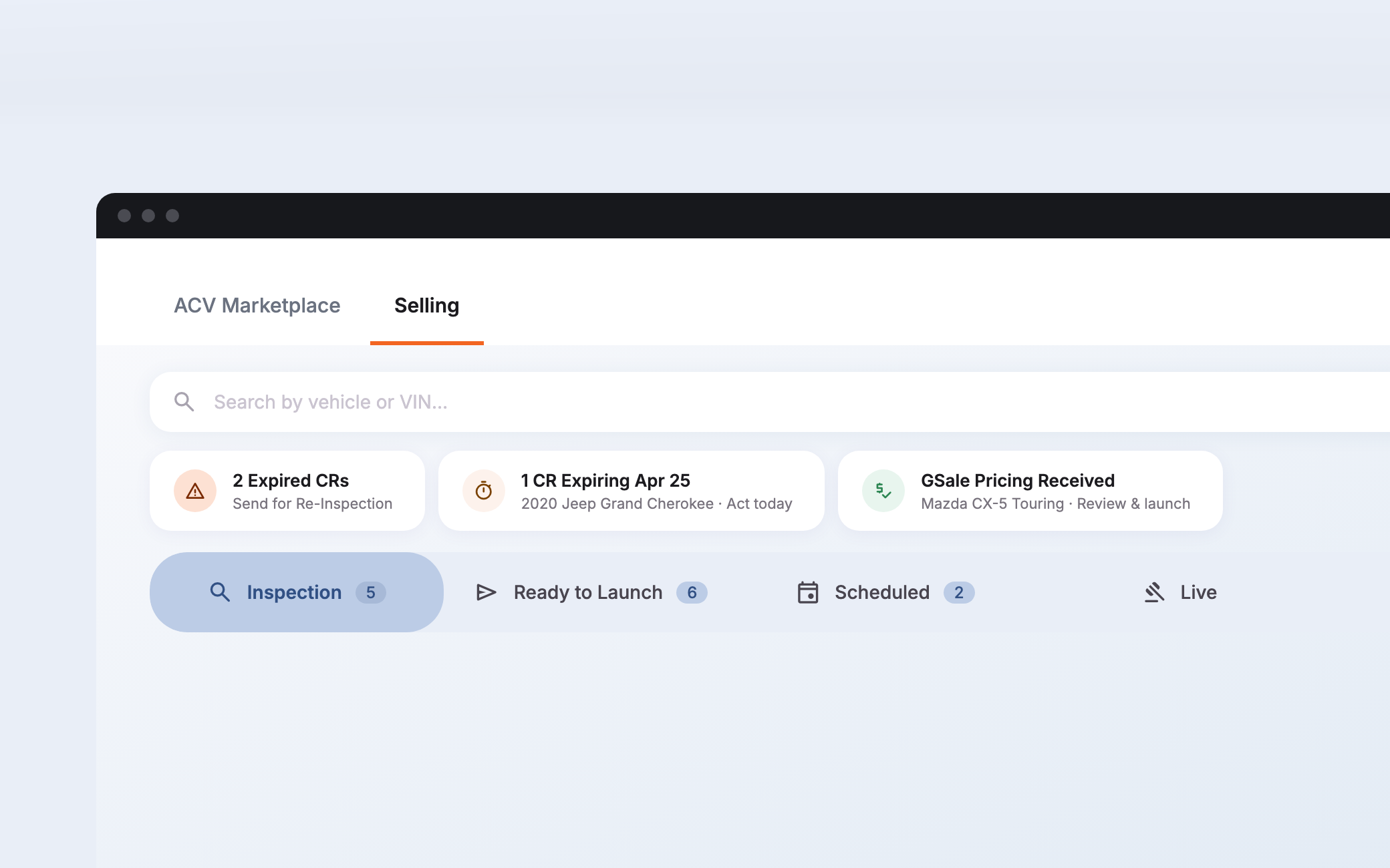 Seller Inventory Console — live alerts strip above the pipeline